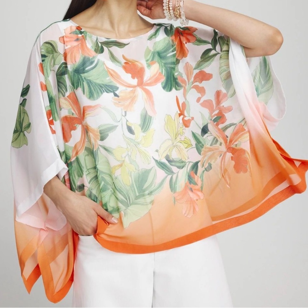 Chico's Lightweight Floral Spring Parade Poncho Top Kimono - Picture 9 of 9